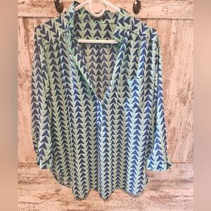 CALS Button Up Blouse Blue Teal Geometric Print M/L – Retro Vintage Style